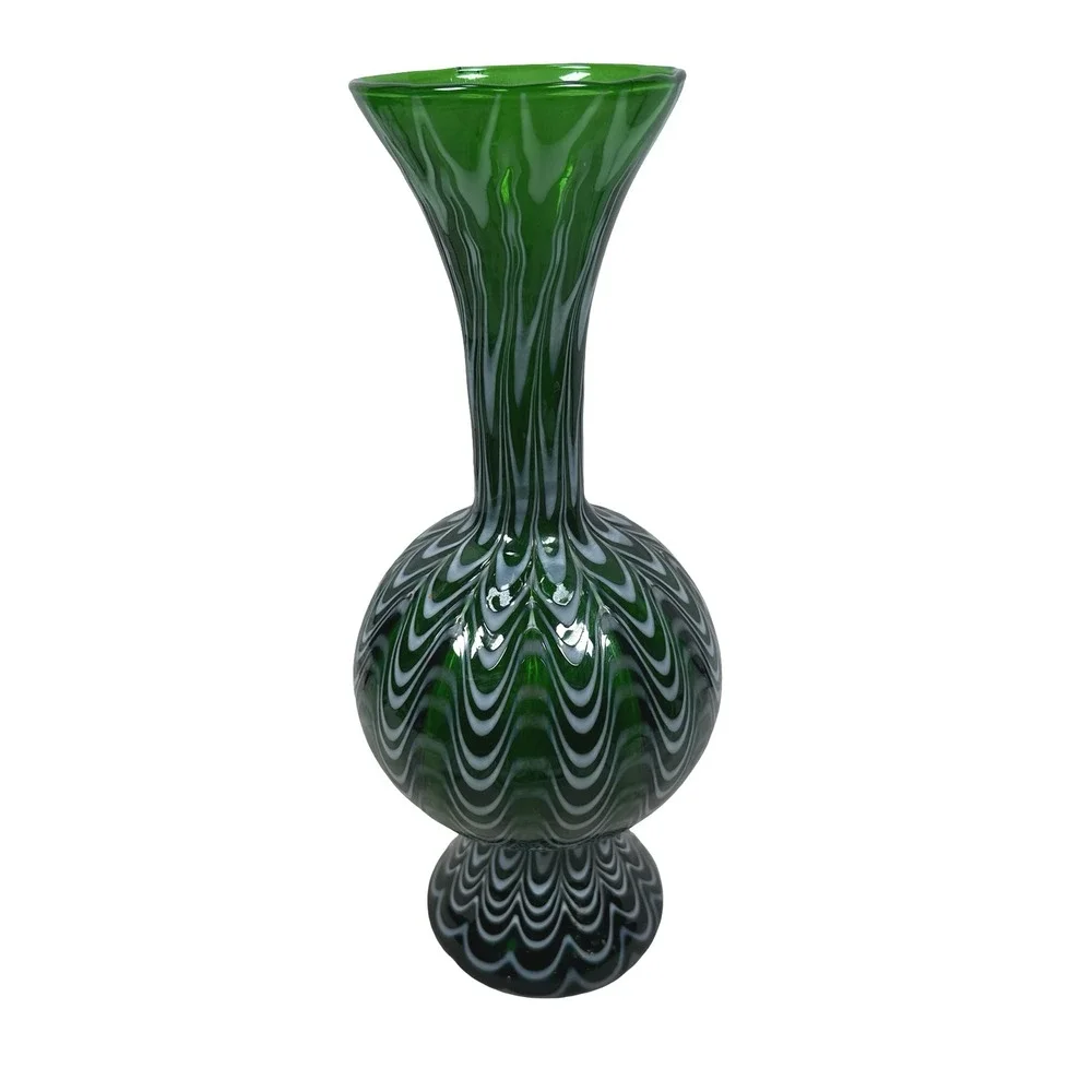 Vintage Murano Pulled Feather Glass Vase MCM 60s Emerald Green White Italian
